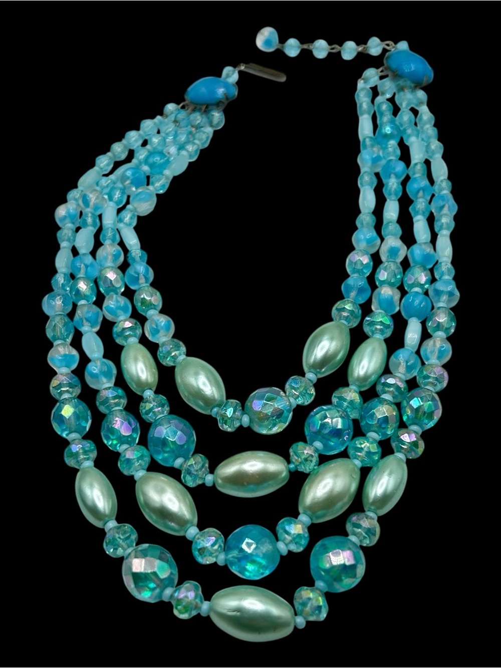 Vintage W. Germany Aqua Blue Glass Bead Multi Strand Necklace